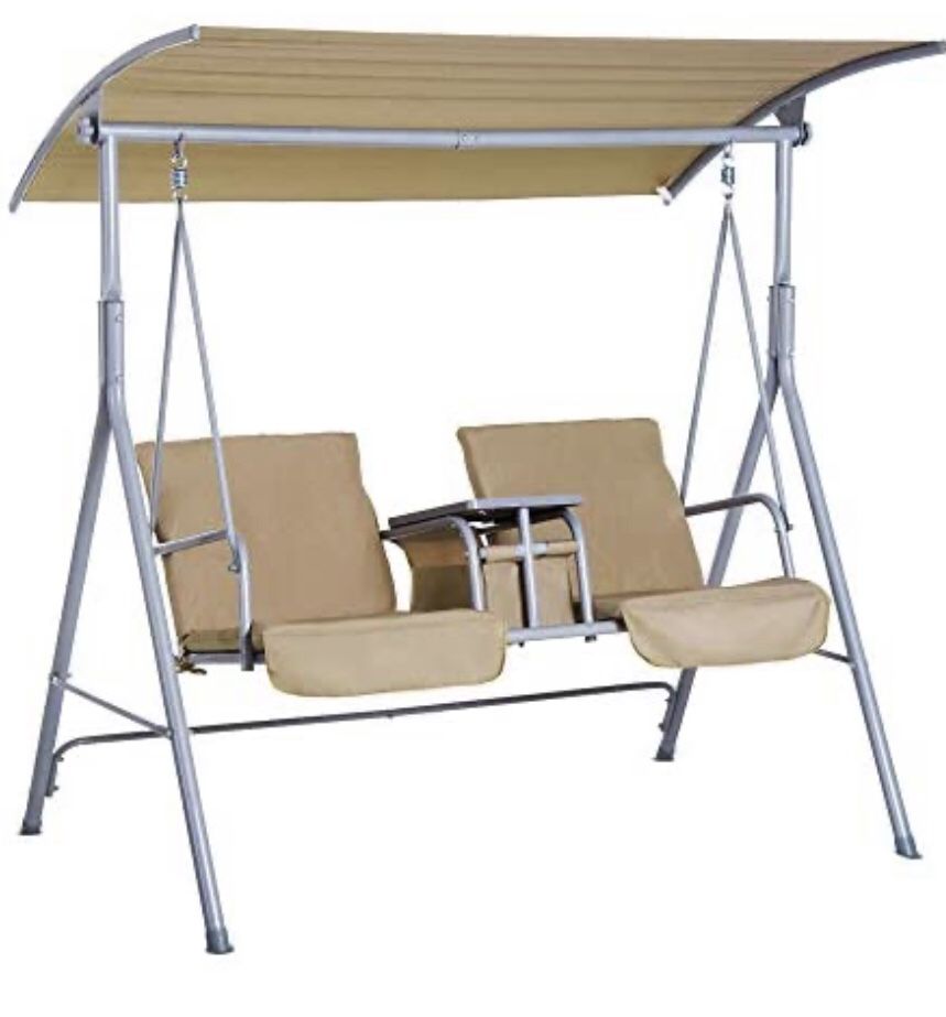 Outsunny 2 Person Porch Covered Swing Outdoor With Canopy Table And Storage Console