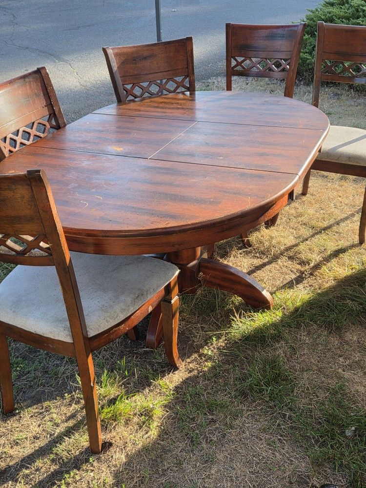Vintage Solid Wood Table And Padded Chairs