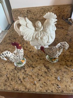 Chicken, tea, pot, and salt and pepper shakers
