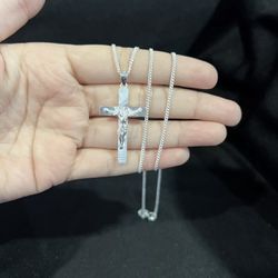 925 Sterling Silver Men Diamond Cut Cross Crucifix Pendant & Curb Chain