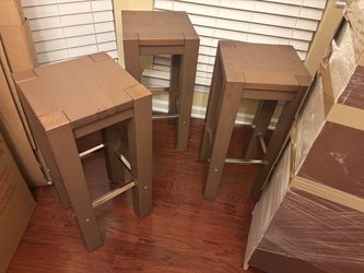 Set of 3 Wooden Bar Stools with Metal Footrest