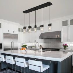 Pendant Lighting for Kitchen Island, Dining Room Light Fixture Black, 5-Light Hanging Linear Chandeliers with Clear Glass Shade Farmhouse Chandeliers