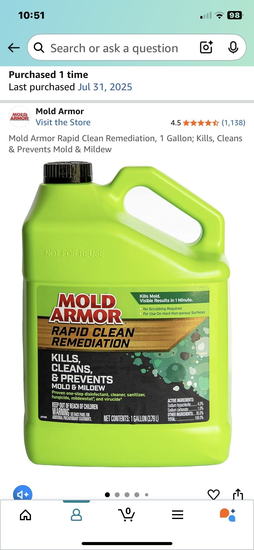 Used Mold Armor Rapid Clean Remediation, 1 Gallon; Kills, Cleans & Prevents Mold & Mildew