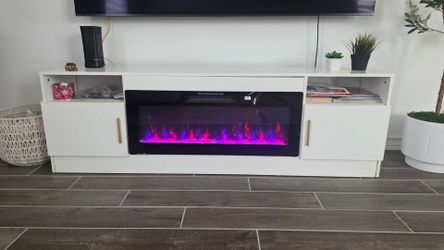 Modern White TV Stand with Built-in Electric Fireplace & Storage