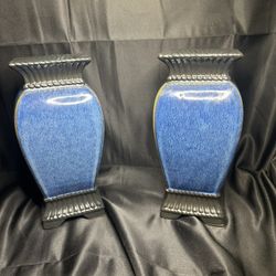 Two Ceramic Blue And Black Vases