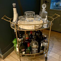 Rolling Bar Table With Alcohol Included, Crystal Whiskey, Bottle And Crystal Ice Bucket With Glasses