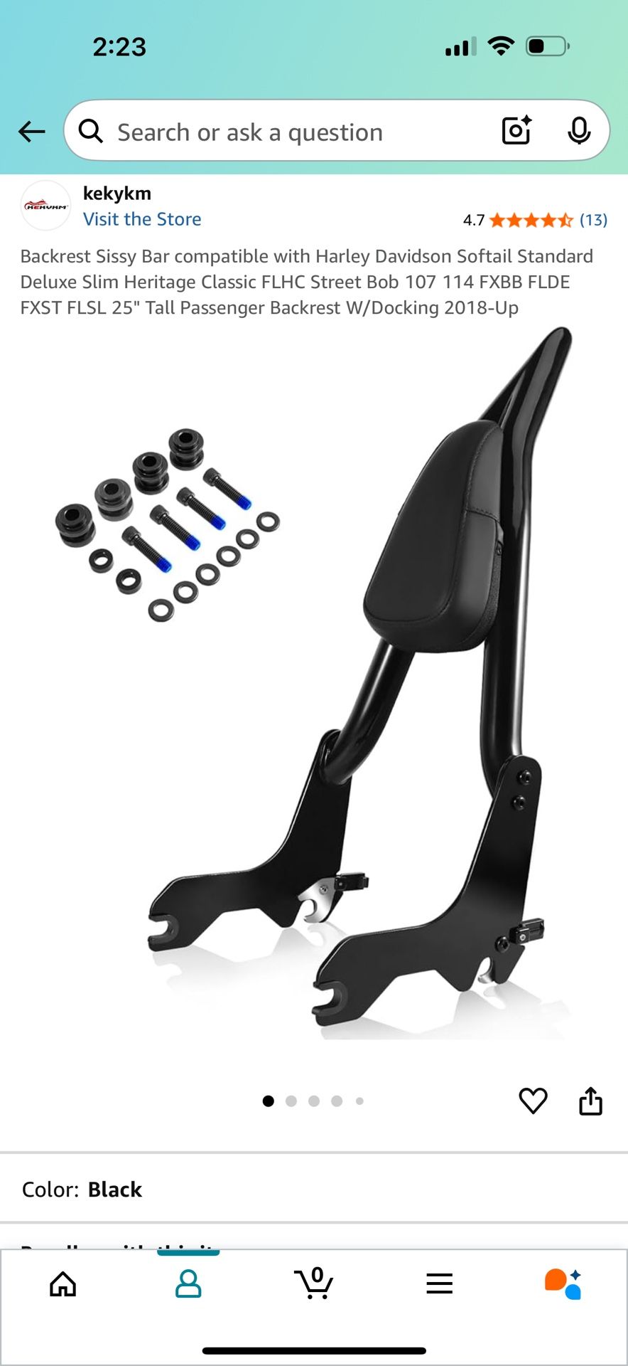 Backrest Sissy Bar compatible with Harley Davidson Softail Standard Deluxe Slim Heritage Classic FLHC Street Bob 107 114 FXBB FLDE FXST FLSL 25" Tall
