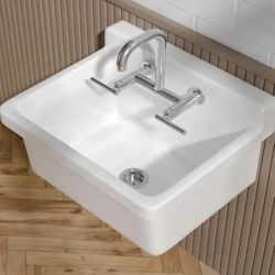 Kuomih Utility Sink Laundry Sink High Back Farm Style Sink 24 in. Wall Mount Single Bowl White Fireclay Farmhouse Kitchen Sink