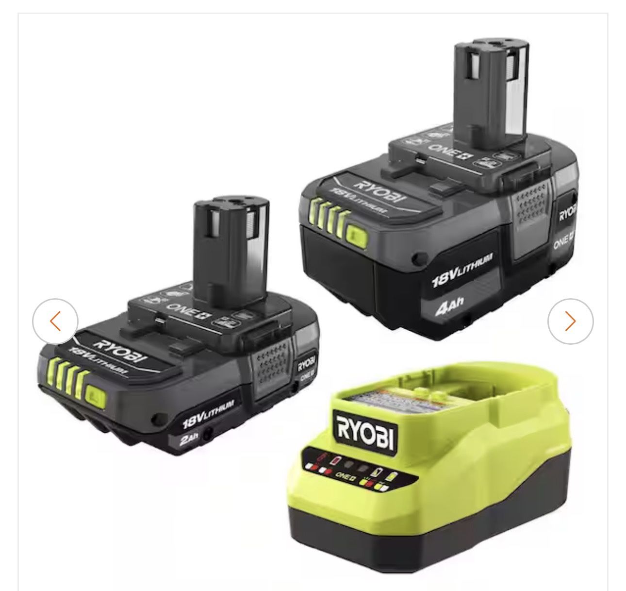 RYOBI ONE+ 18V Lithium-Ion Starter Kit with 2.0 Ah Battery, 4.0 Ah Battery, and Charger