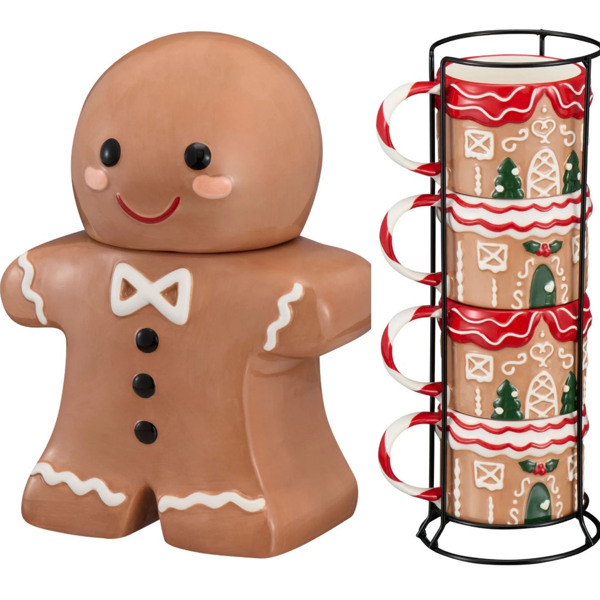NEW Gingerbread Man Cookie Jar & House Cups Mug Stacking Set Christmas Holiday Gift Decoration Cocoa