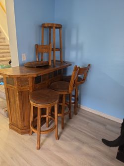 Wood Home Bar with 3 Bar Stools