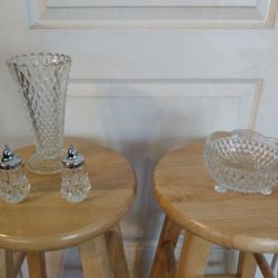 Vintage glass vase, bowl, salt and pepper set- Indiana Glass, "Diamond point" pattern, set of 4