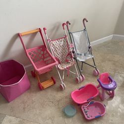 Doll Strollers, High Chair, Bath, and Shopping Cart- LIKE NEW 