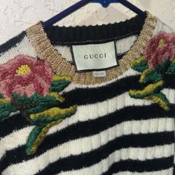 Authentic Gucci Striped Floral Cashmere Embroidered Sweater