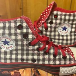 Converse High Top Black & White Plaid Sneakers With Red/White Heart Print Tongue