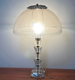 Vtg Antique Art Deco Mid Century Modern MCM UFO Flying Saucer Atomic Age Space Era Shade Stacked Cut Translucence Mushroom Acrylic Lucite Table Lamp