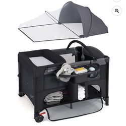 INFANS Baby Bassinet, 4 in 1 Nursery Center Pack and Play Baby Playard with Changing Table, Mosquito Net, Storage Basket, Travel Bag, Toy Bar for Newb