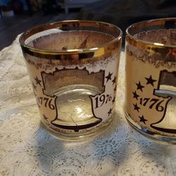 Bicentennial 1(contact info removed) Liberty Bell Lowball Glasses Set Of 2 Gold Rimmed
