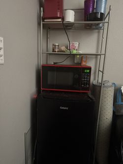 Mini Fridge, Microwave,  And Shelf Rack