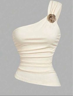 Cream One-Shoulder Ruched Top with Gold Flower