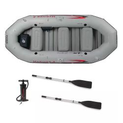 Like New Intex Mariner 4, 4-Person Inflatable Boat Set with Aluminum Oars and High Output Air Pump for Fishing and Boating 