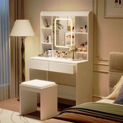 Vanity Desk , Makeup Vanity with Mirror and Lights, LED Lights, 6 Compartments, 2 Drawers, for Bedroom, Cloud White 