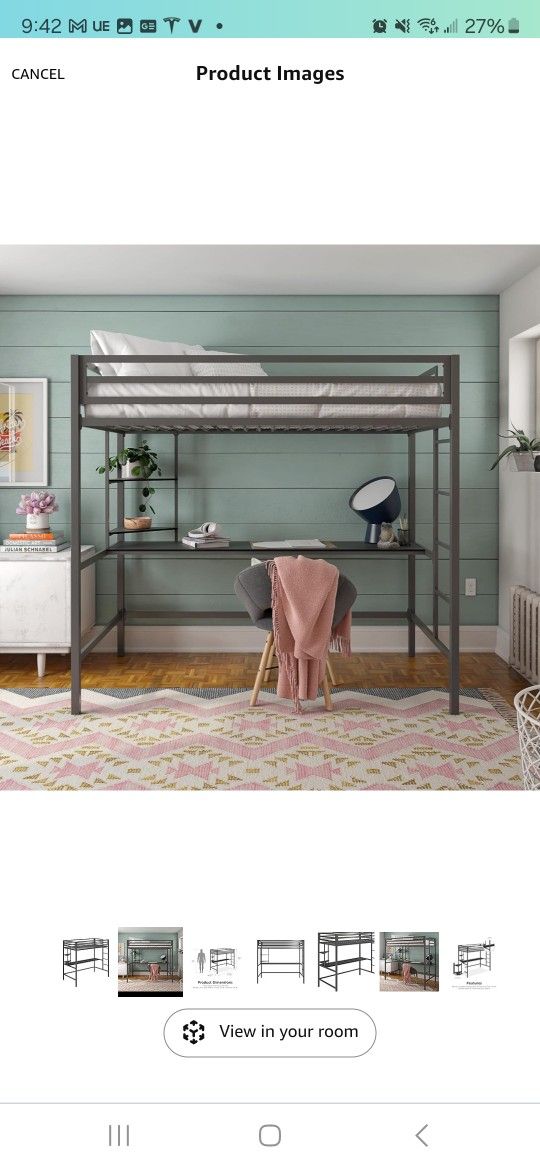 Novogratz Maxwell Metal Twin Loft Bed w/ Desk And Shelves Grey