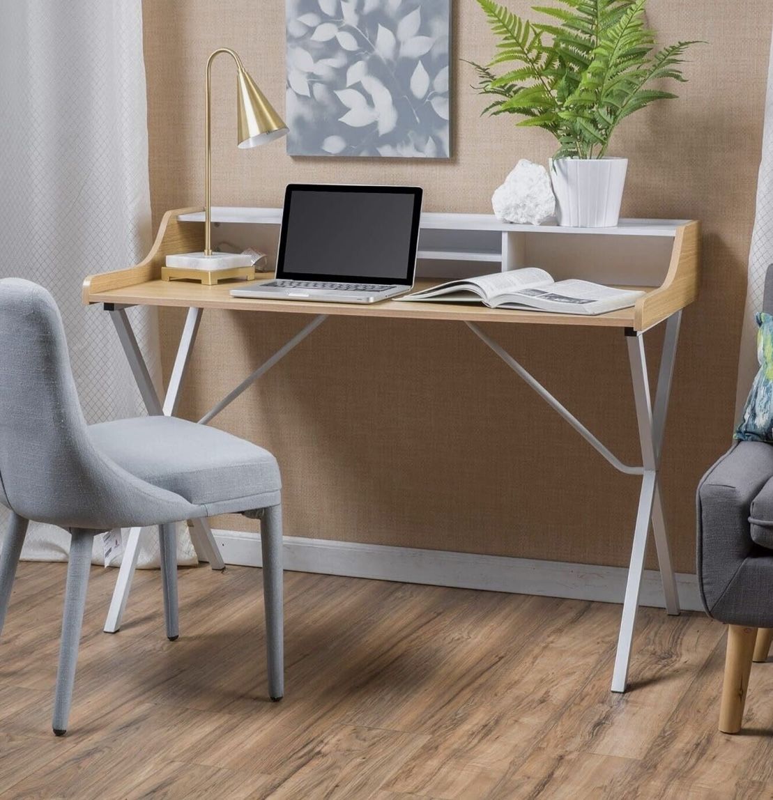 NEW Computer Desk W/ Storage Mid Century Modern, 48 in Rectangular Oak White Writing Desk W/ Open Storage !