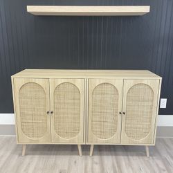 Set Of 2 Sideboard Buffet Cabinet, Kitchen Storage Cabinet with Rattan Doors and Adjustable Shelves