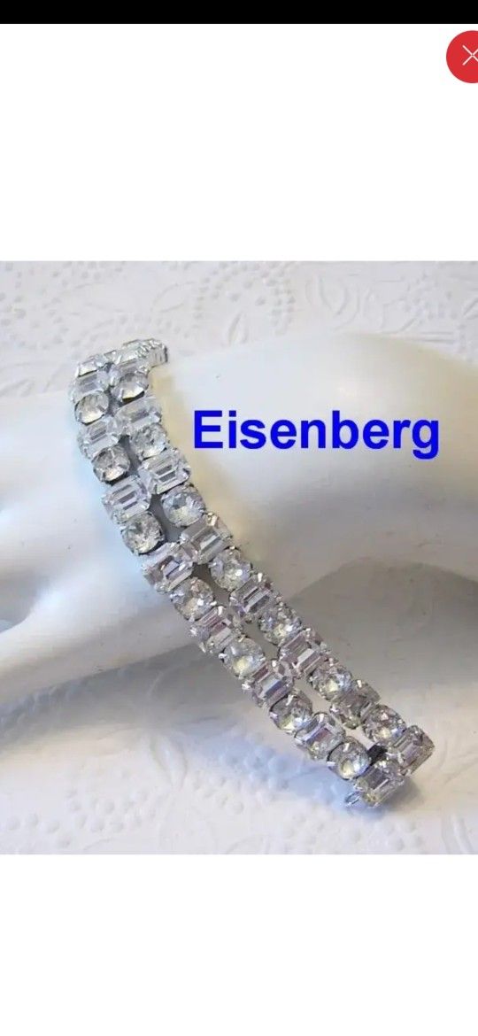 Signed Vintage Eisenberg Emerald&rhinestone Silve Toned Bracelet