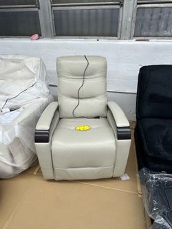 CHITA Genuine Leather Power Swivel Glider Rocker Recliner, Creamy Grey Adjustable Power Headrest, Double Layer Backrest, FSC Certified Mid Century Mod