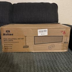 Pool Volleyball Net Set with Lights, Solar Powered Portable Outdoor LED Volleyball Net for Pool with 2 Glowing Balls,Pump and Weighted Bases, Adjustab