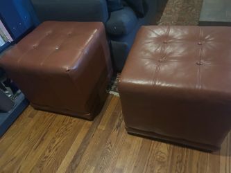 Set of 2 Brown Faux Leather Tufted Ottomans