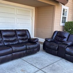 Comfy Real Leather Couch/Sofa + Loveseat with Recliners | FREE DELIVERY