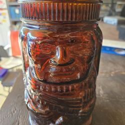  a vintage brown or amber glass Native American Indian Chief humidor or tobacco jar