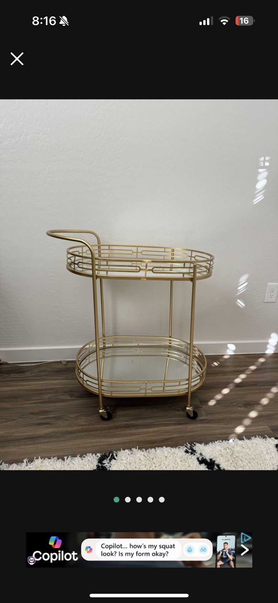 Gold 2 Tier Mirror Bar Cart