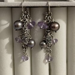 Michael Dawkins 925 Silver Amethyst, Hematite & Pearl Drop Earrings – Handcrafted