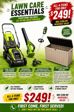 🌿 LAWN CARE EQUIPMENT PACKAGE – ONLY $149! 🌿
Upgrade your lawn care with this great-value package! All equipment is in good, working condition and r