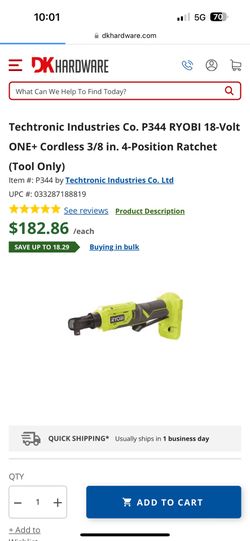 Techtronic Industries Co. P344 RYOBI 18-Volt ONE+ Cordless 3/8 in. 4-Position Ratchet (Tool Only)