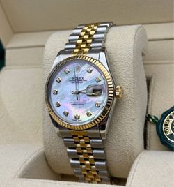 1980s Rolex Datejust 16013 36mm stainless steel jubilee bracelet natural diamond MOP dial gold fluted bezel watch box tag appraisal