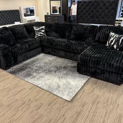 Large Black Sectional- stripe Material