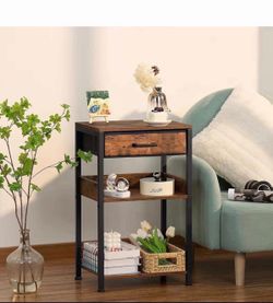End Table with Rustic Brown Wood and Black Metal Frame; Removable Fabric Drawer; Sturdy Metal Legs