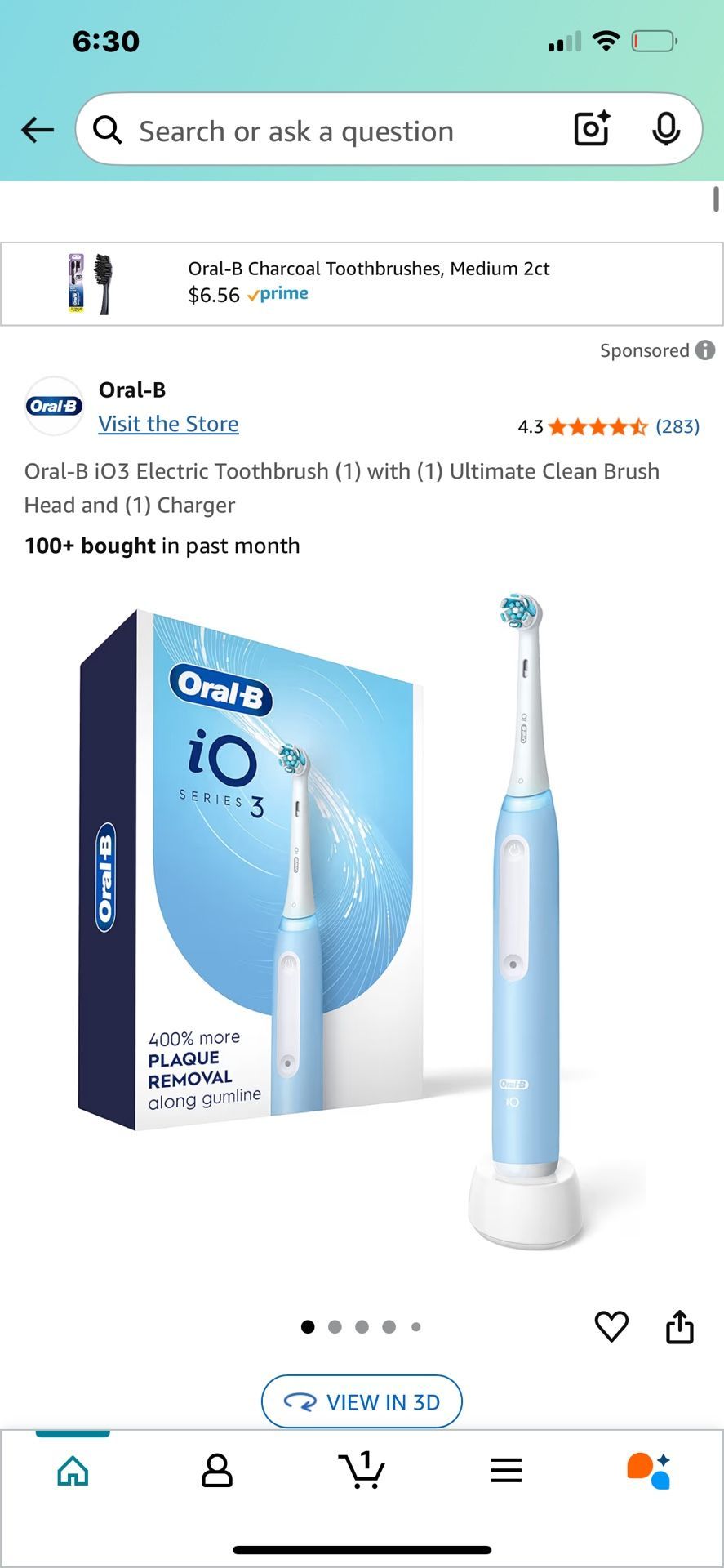 Oral-B iO3 Electric Toothbrush (1) with (1) Ultimate Clean Brush Head and (1) Charger