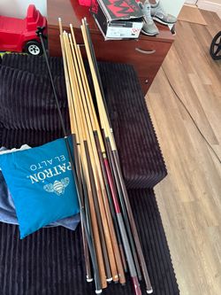 Pool sticks racks bridges and balls