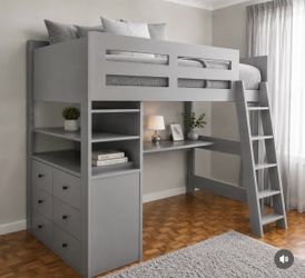 Gray Loft Bed with Desk and Storage