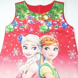 Sz S/M Disney Frozen Anna And Elsa Red Christmas Holiday Print Girls Tunic Dress