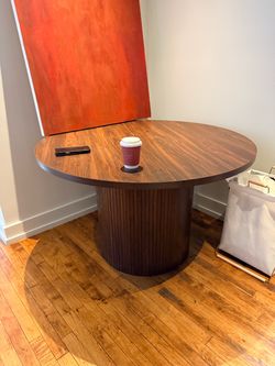 Round Walnut Dining Table with Fluted Pedestal Base