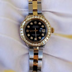 Rolex Lady-Datejust 26mm 6917 Black Diamond Dial & Diamond Bezel Two Tone 18k yellow gold & stainless steel Box Papers Serial Tag