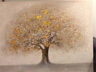 Large Tree Canvas Painting with Gold Accents