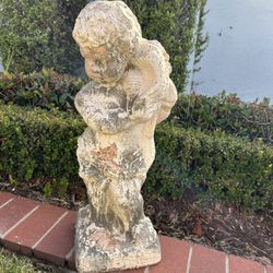 Vintage Weathered Terracotta Garden Statue Boy holding Conch Shell Chippy Architectural Sculpture Collectible Weathered Sculpture Figurine Lawn Art Vi